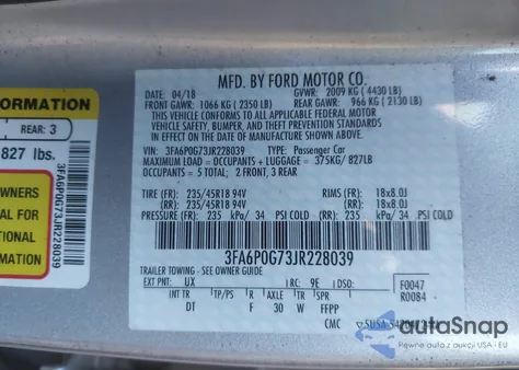 2018 Ford Fusion S z USA, uszkodzony, nr VIN 3FA6P0G73JR228039